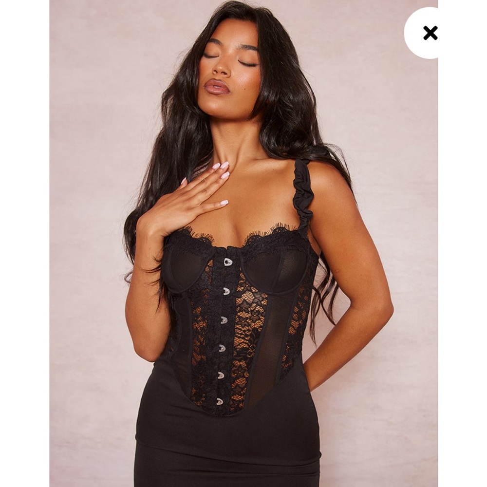 NWT PLT Black Frill Strap Lace Mesh Panel Hook & Eye Bodycon Dress
